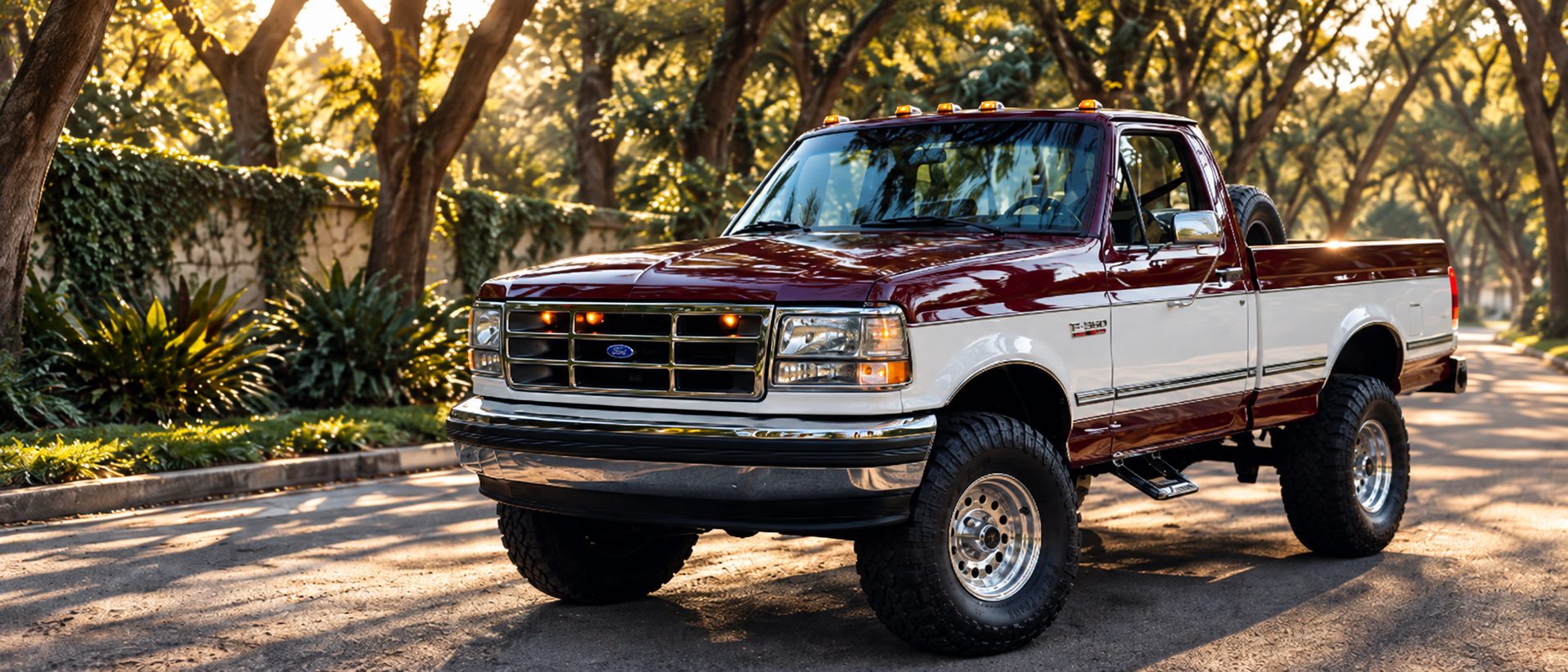Ford F-1000 em vinho e branco sob as árvores