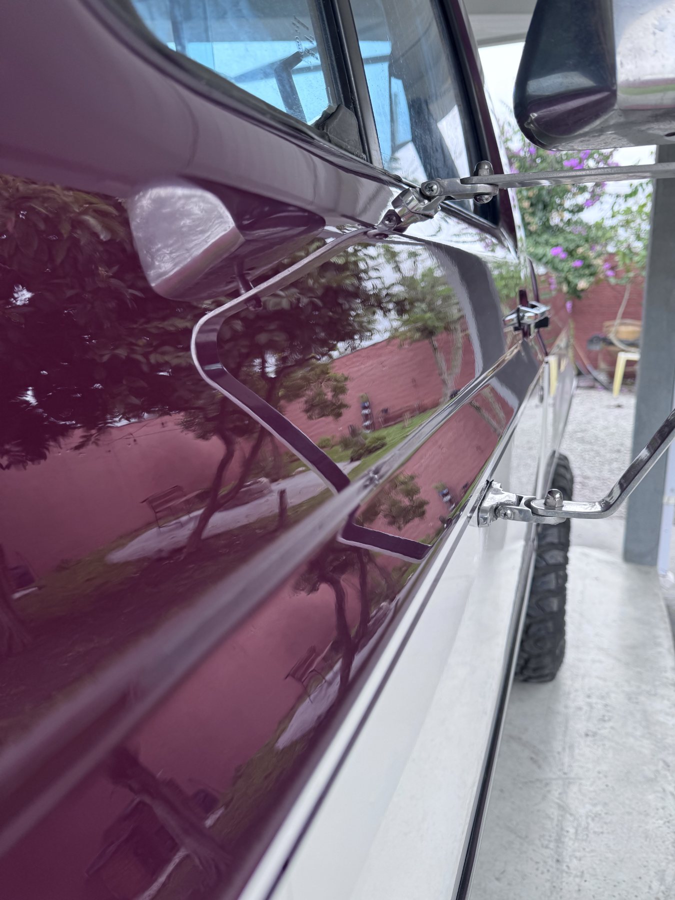 Reflexo do jardim no verniz vinho, retrovisor cromado